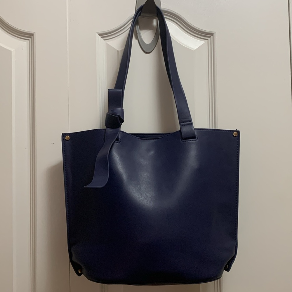 a new day Navy Shoulder Bag Bow Detail Bucket Double Strap Faux Leather